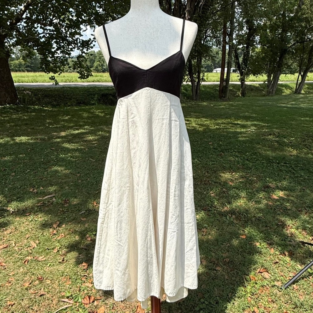 Japna Womens Black Cream Colorblock Linen Blend Smocked Midi Dress Small Resort